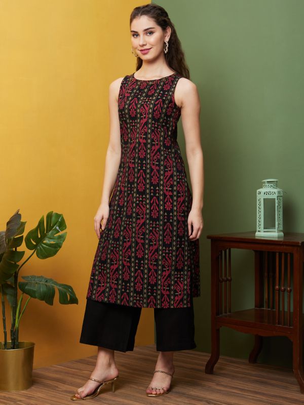 Globus Women Black Ethnic Motifs Kantha Work Round Neck Straight Kurta & Wide Leg Trouser Set