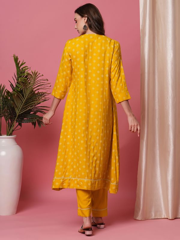 Globus Women Yellow Embroidered Yoke Allover Printed Calf Length A-Line Kurta With Narrow Pant