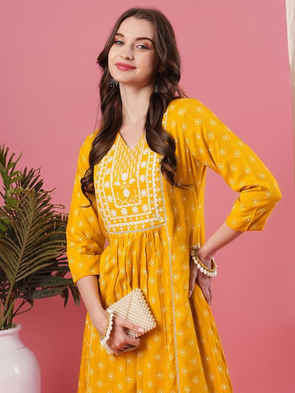 Globus Women Yellow Embroidered Yoke Allover Printed Calf Length A-Line Kurta With Narrow Pant