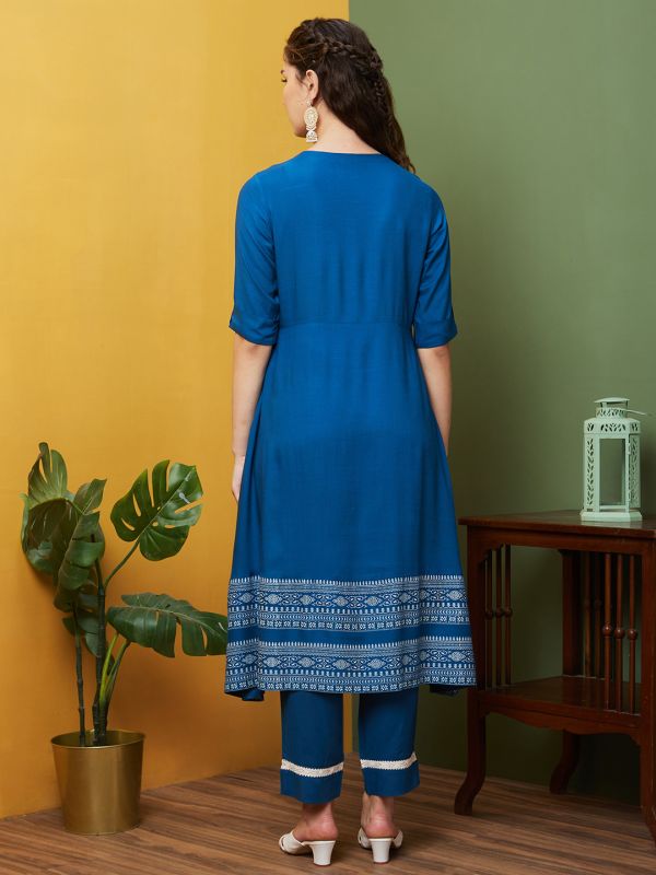 Globus Women Blue Yoke Printed Round Neck A-Line Kurta Set with Trousers