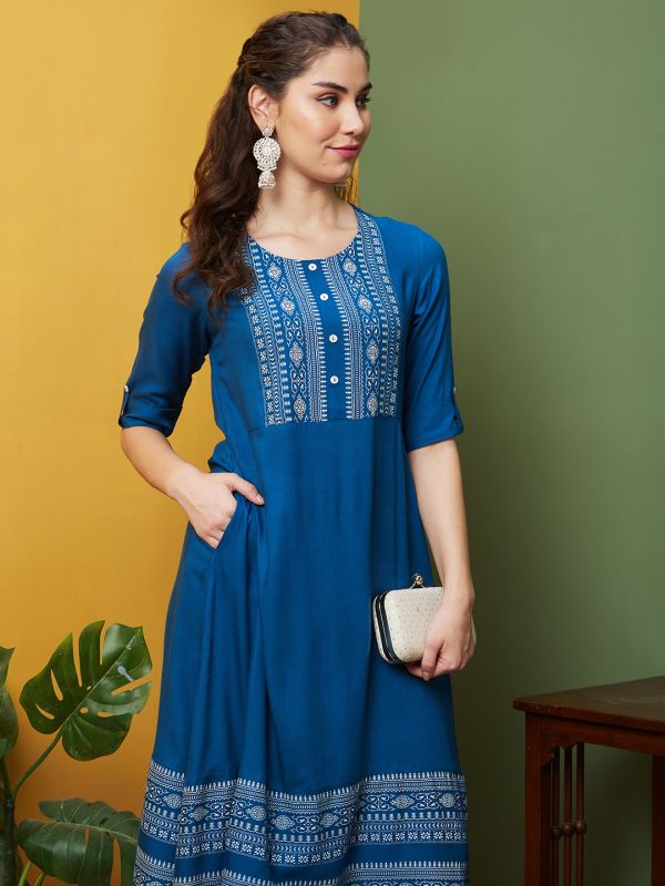 Globus Women Blue Yoke Printed Round Neck A-Line Kurta Set with Trousers