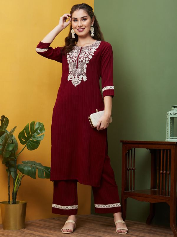 Globus Women Maroon Round Neck Embroidered Yoke Straight Kurta Set with Trousers