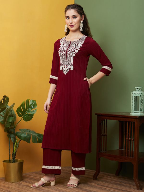 Globus Women Maroon Round Neck Embroidered Yoke Straight Kurta Set with Trousers