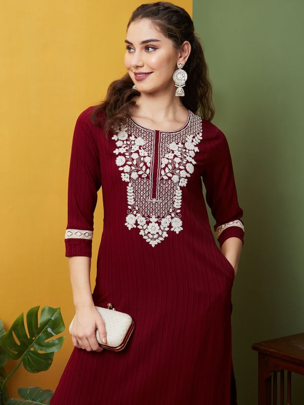 Globus Women Maroon Round Neck Embroidered Yoke Straight Kurta Set with Trousers