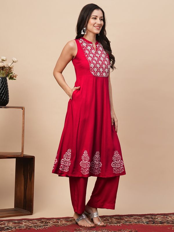 Globus Women Red Embroidered Yoke Panelled A-Line Kurta With Straight Pants