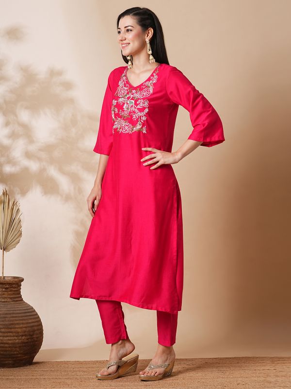 Globus Women Pink Embroidered Yoke Bell Sleeves A-Line Festive Kurta With Straight Trousers