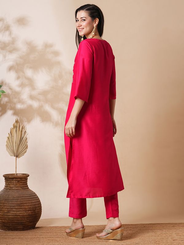 Globus Women Pink Embroidered Yoke Bell Sleeves A-Line Festive Kurta With Straight Trousers