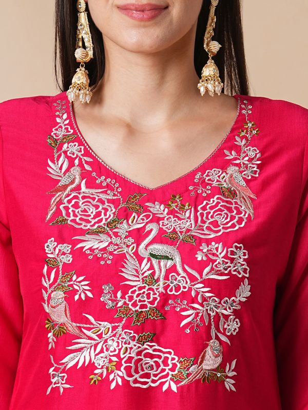 Globus Women Pink Embroidered Yoke Bell Sleeves A-Line Festive Kurta With Straight Trousers