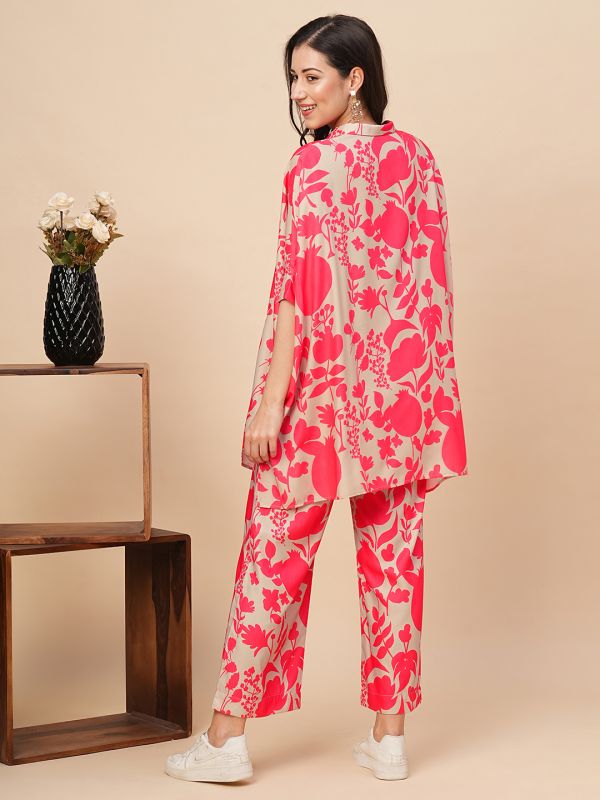 Globus Women Beige & Pink Allover Floral Print Shirt Style Kaftan Top & Trousers Co-Ord Set