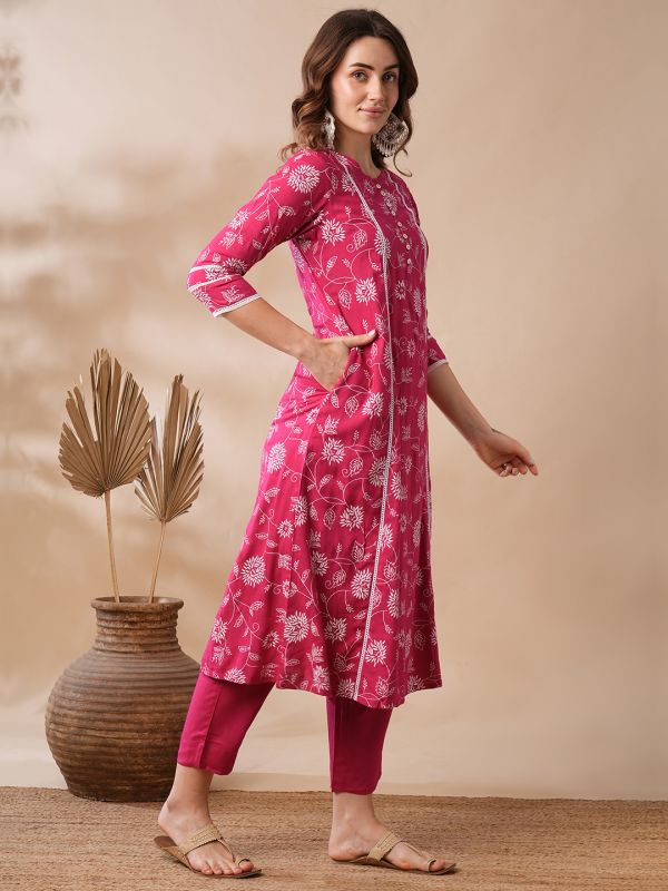 Globus Women Pink Floral Printed Lace Inserts Panelled A-Line Workwear Kurta & Elasticated Pants Set