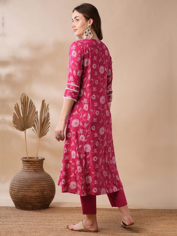 Globus Women Pink Floral Printed Lace Inserts Panelled A-Line Workwear Kurta & Elasticated Pants Set