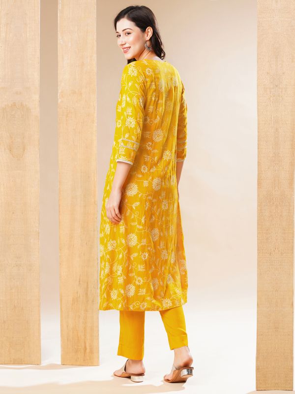 Globus Women Yellow Floral Panelled A-Line Workwear Kurta & Pant Set