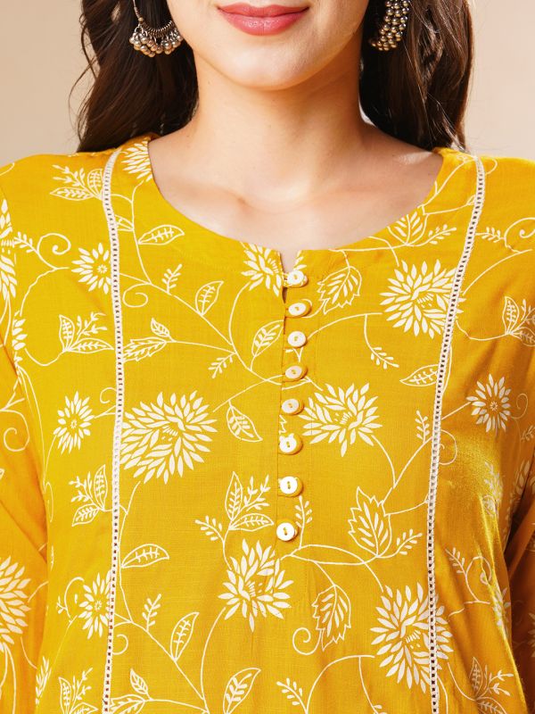 Globus Women Yellow Floral Panelled A-Line Workwear Kurta & Pant Set