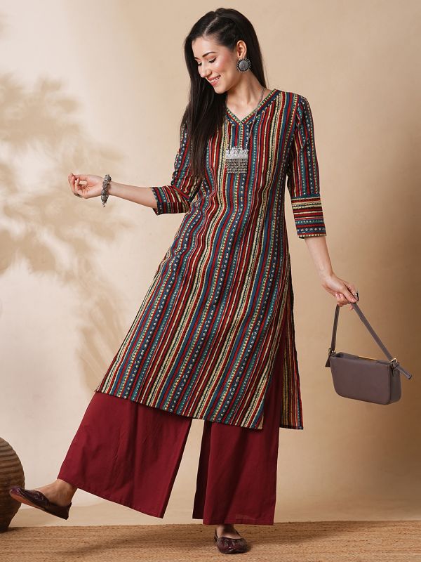 Globus Women Maroon Allover Geometric Stripe Printed Straight Workwear Kurta With Palazzos Set