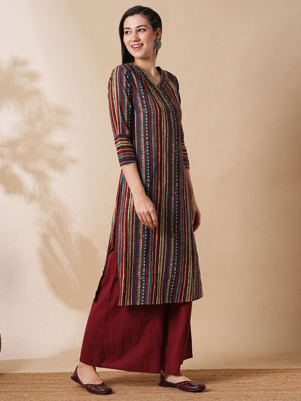 Globus Women Maroon Allover Geometric Stripe Printed Straight Workwear Kurta With Palazzos Set