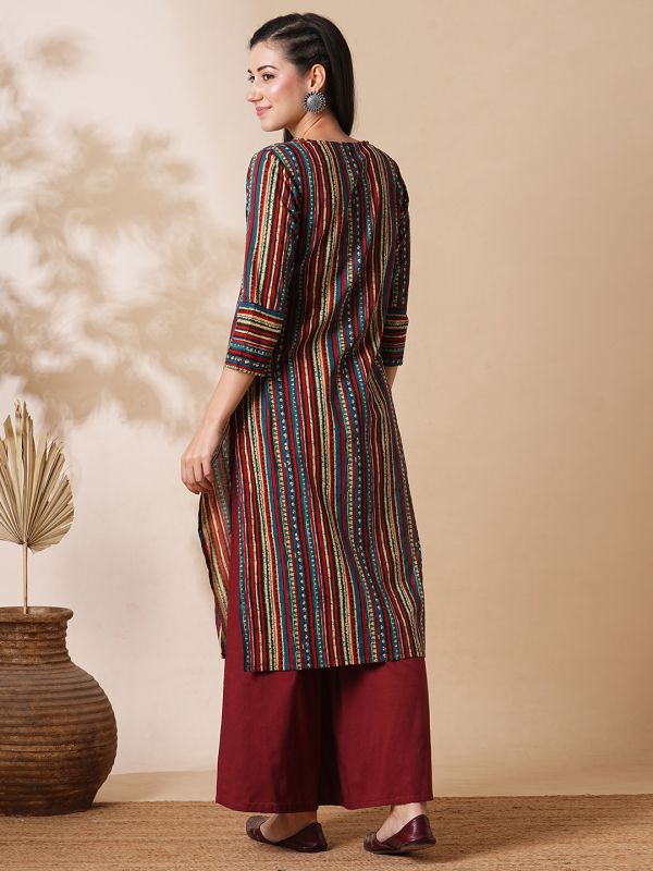 Globus Women Maroon Allover Geometric Stripe Printed Straight Workwear Kurta With Palazzos Set