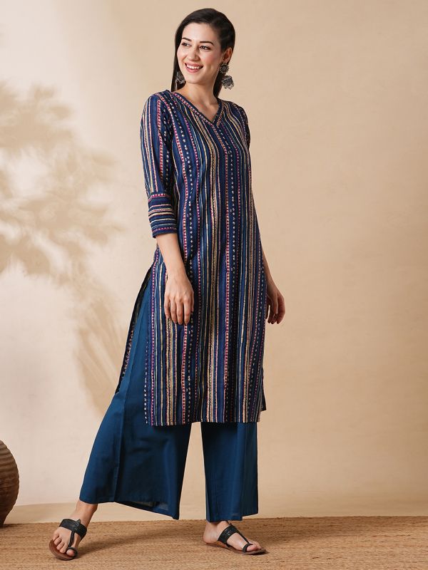 Globus Women Blue Allover Geometric Stripe Printed Straight Workwear Kurta With Palazzos Set