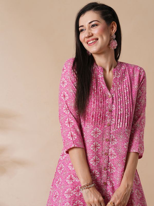 Globus Women Pink Mandarin Neck With V Cut Allover Printed Pintuck Detailing A-Line Workwear Kurta With Trousers Set