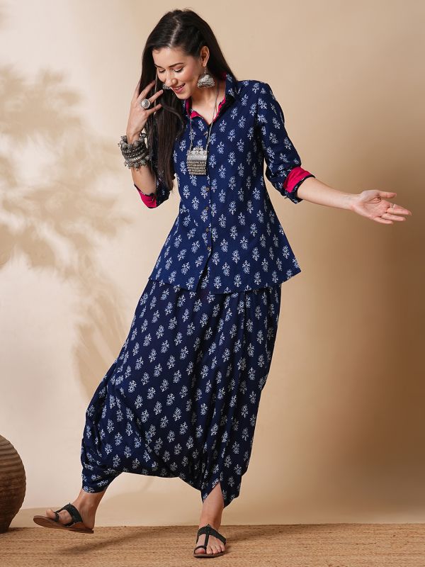 Globus Women Blue Allover Paisley Printed Shirt Style Tunic & Harem Pants Fusion Co-Ord Set