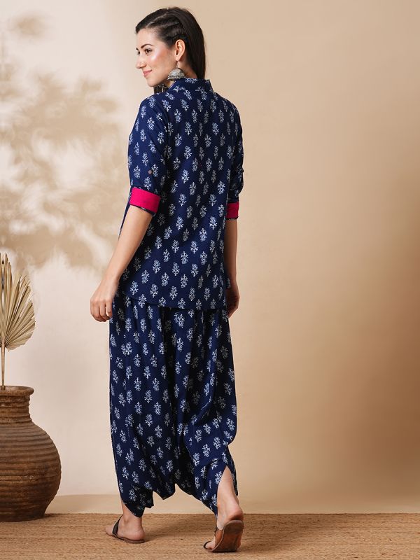 Globus Women Blue Allover Paisley Printed Shirt Style Tunic & Harem Pants Fusion Co-Ord Set