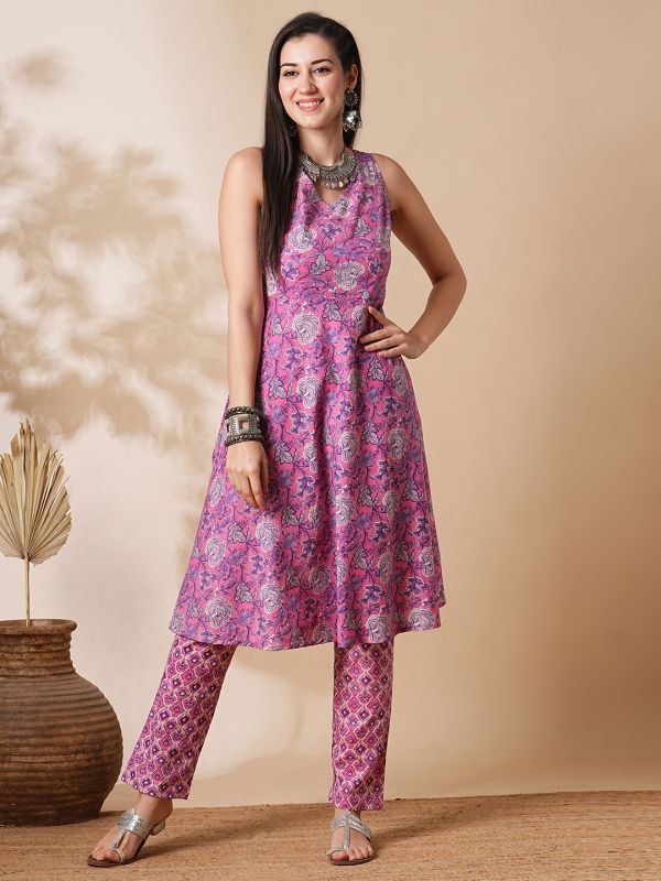 Globus Women Pink Allover Floral Printed Back Tie-Up Detailing A-Line Kurta With Narrow Pants