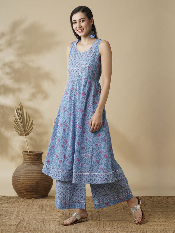 Globus Women Blue Floral Yoke Design Panelled A-Line Kurta & Printed Palazzos Set