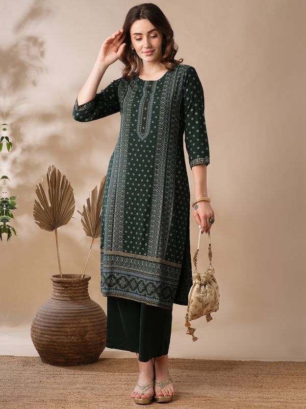 Globus Women Teal Round Neck Ethnic Motifs Gold Foil Print Straight Workwear Kurta & Elasticated Pants Set