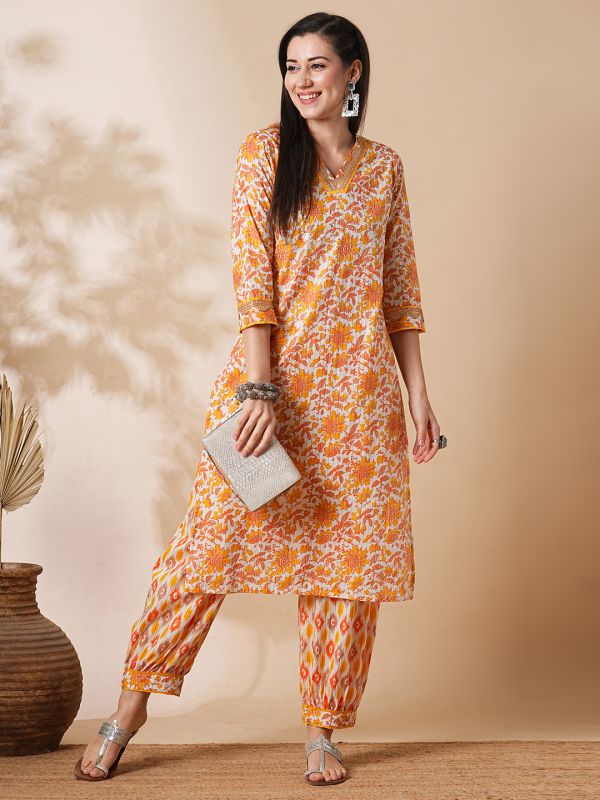 Globus Women Orange Allover Floral Printed Straight Workwear Kurta With Afghani Pants