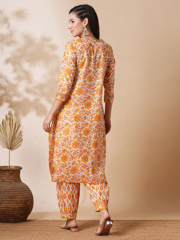 Globus Women Orange Allover Floral Printed Straight Workwear Kurta With Afghani Pants