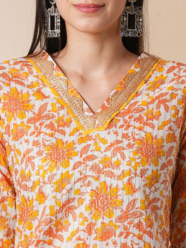 Globus Women Orange Allover Floral Printed Straight Workwear Kurta With Afghani Pants