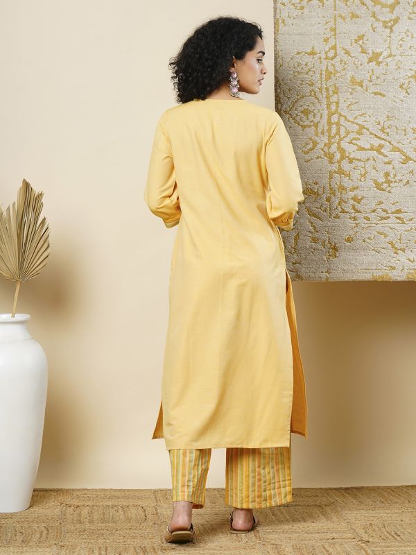 Globus Women Yellow V-Neck Striped Gathered Panelled A-Line Workwear Kurta & Elasticated Pants Set