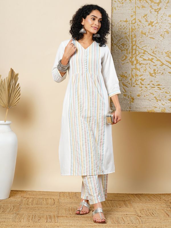 Globus Women White V-Neck Striped Gathered Panelled A-Line Workwear Kurta & Elasticated Pants Set