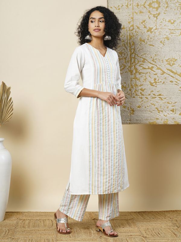 Globus Women White V-Neck Striped Gathered Panelled A-Line Workwear Kurta & Elasticated Pants Set