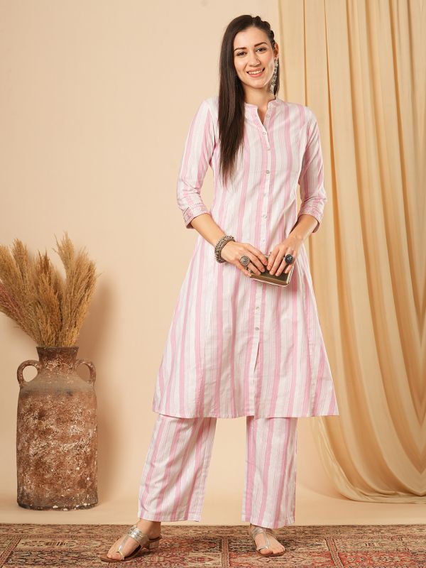 Globus Women Pink Mandarin Collar Striped Workwear A-Line Kurta With Elasticated Straight Pants