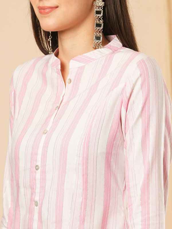 Globus Women Pink Mandarin Collar Striped Workwear A-Line Kurta With Elasticated Straight Pants