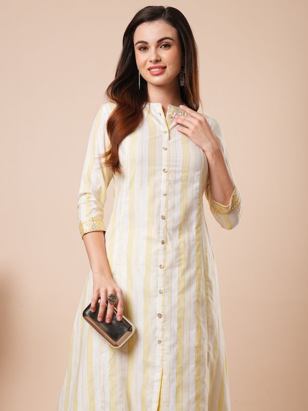 Globus Women Yellow Mandarin Collar Striped Gotta Patti Sleeves Straight Workwear Kurta With Pants