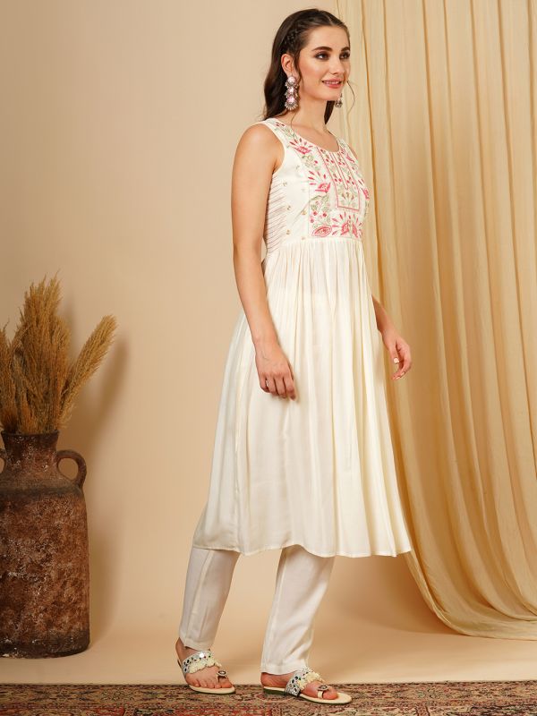 Globus Women White Round Neck Floral Embroidered Yoke Pleated A-Line Calf Length Kurta & Trouser Festive Set