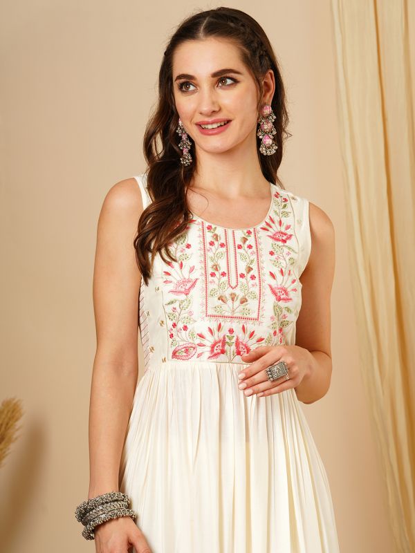 Globus Women White Round Neck Floral Embroidered Yoke Pleated A-Line Calf Length Kurta & Trouser Festive Set