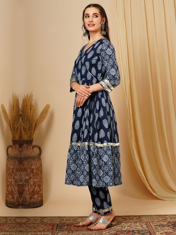 Globus Women Blue Ethnic Motif Wrap V-Neck A-Line Flared Calf Length Kurta & Straight Trouser Festive Set