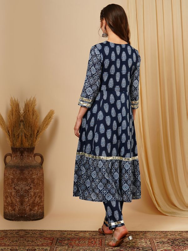 Globus Women Blue Ethnic Motif Wrap V-Neck A-Line Flared Calf Length Kurta & Straight Trouser Festive Set