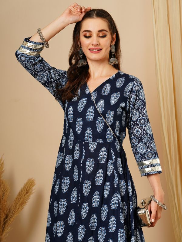 Globus Women Blue Ethnic Motif Wrap V-Neck A-Line Flared Calf Length Kurta & Straight Trouser Festive Set