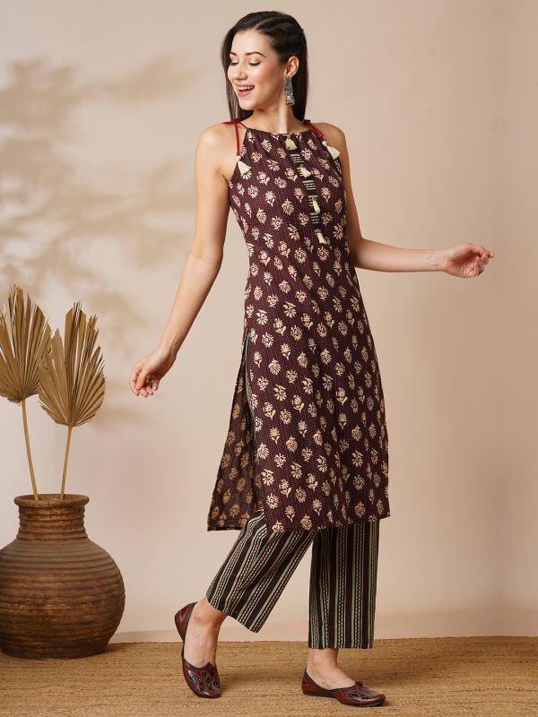 Globus Women Maroon Tie-Up Strappy Shoulder Tassel Detailing Mix & Match Floral Print Straight Kurta With Striped Elasticated Wide-Leg Pants Fusion Set