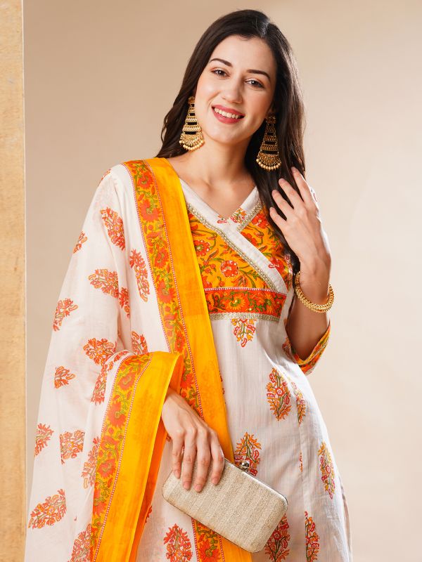 Globus Women Off-White Floral Printed Straight Panelled Workwear Kurta, Pants & Dupatta Set