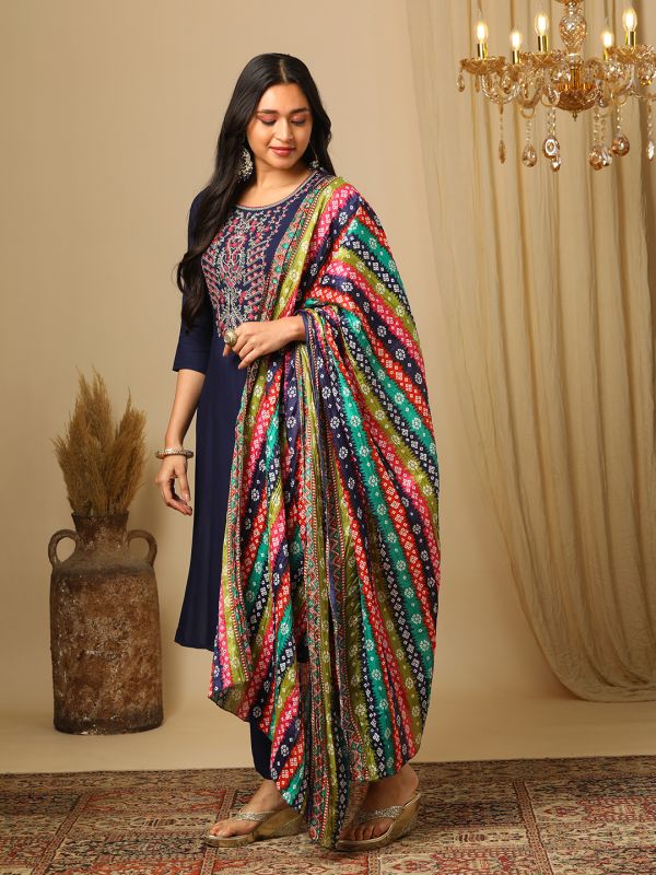 Globus Women Blue Embroidered Yoke A-Line Kurta, Pants & Multicolor Bandhani Print Dupatta Festive Set