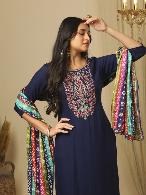 Globus Women Blue Embroidered Yoke A-Line Kurta, Pants & Multicolor Bandhani Print Dupatta Festive Set