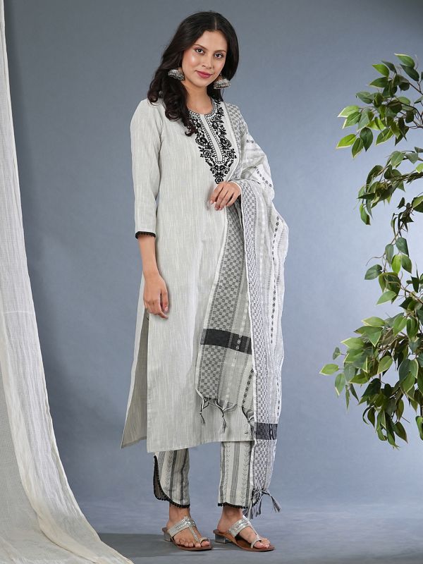 Globus Women White Embroidered Yoke Straight Workwear Kurta With Pants & Tasselled Dupatta Set