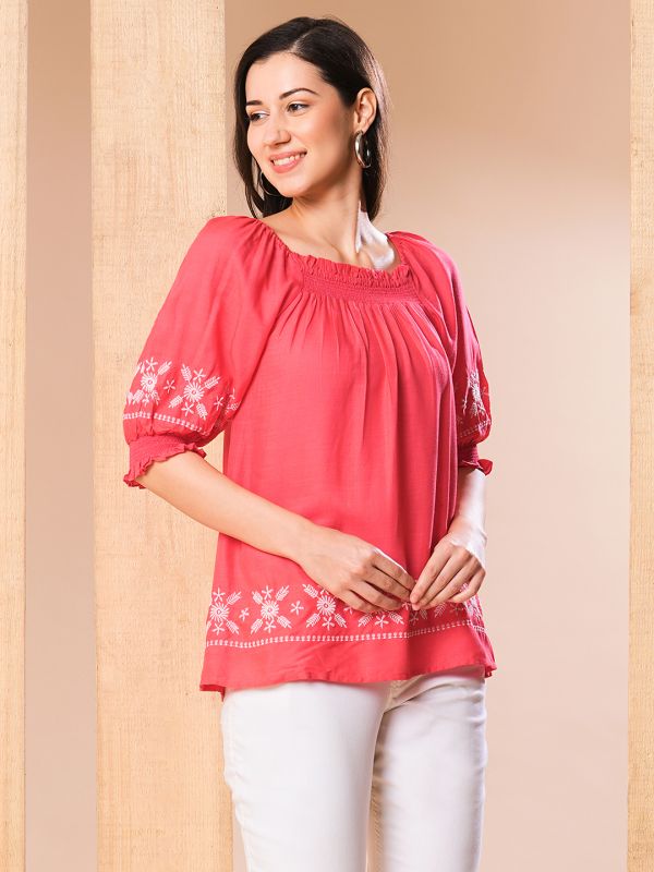 Globus Women Coral Smocked Square Neck Puff Sleeves Embroidered Tunic