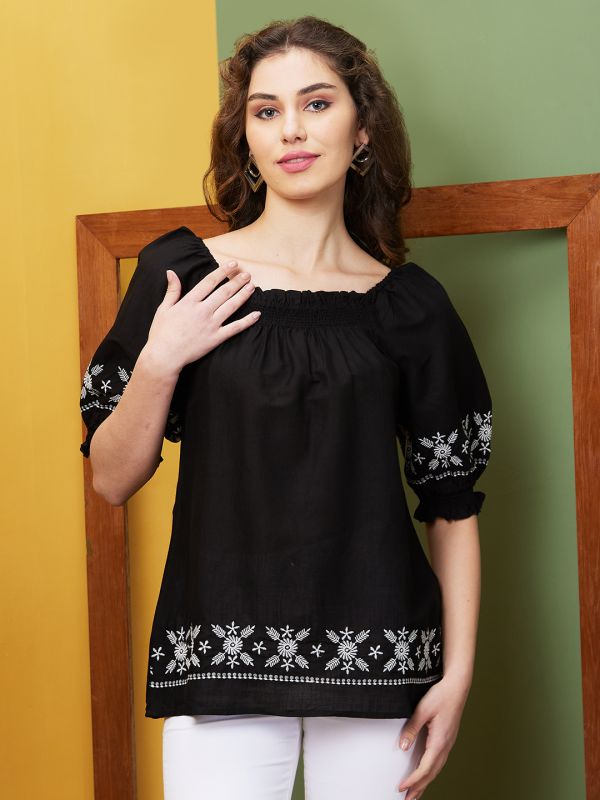 Globus Women Black Solid Embroidered Square Neck Casual Tunic