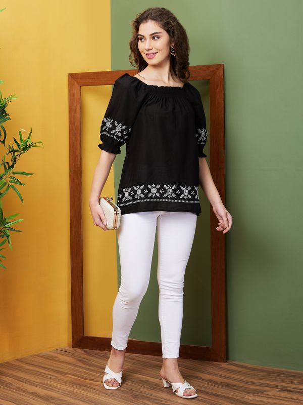 Globus Women Black Solid Embroidered Square Neck Casual Tunic