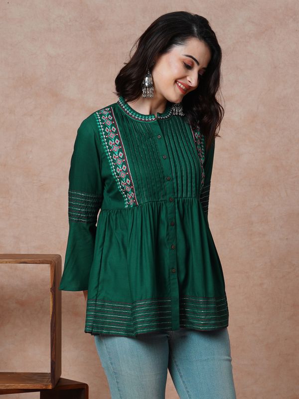 Globus Women Green Embroidered & Accordion Pleats Yoke Mandarin Collar Bell Sleeves A-Line Tunic